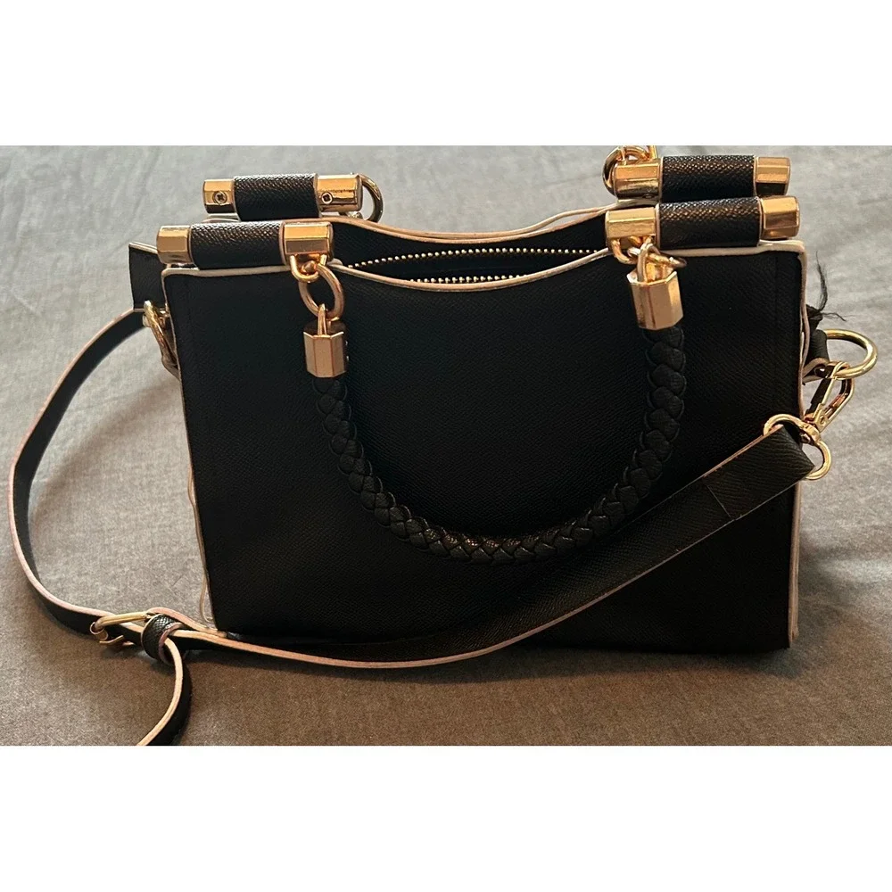 Bebe Black Saffiano Crossbody Satchel Bag Braided Handle Gold Logo Medallion
